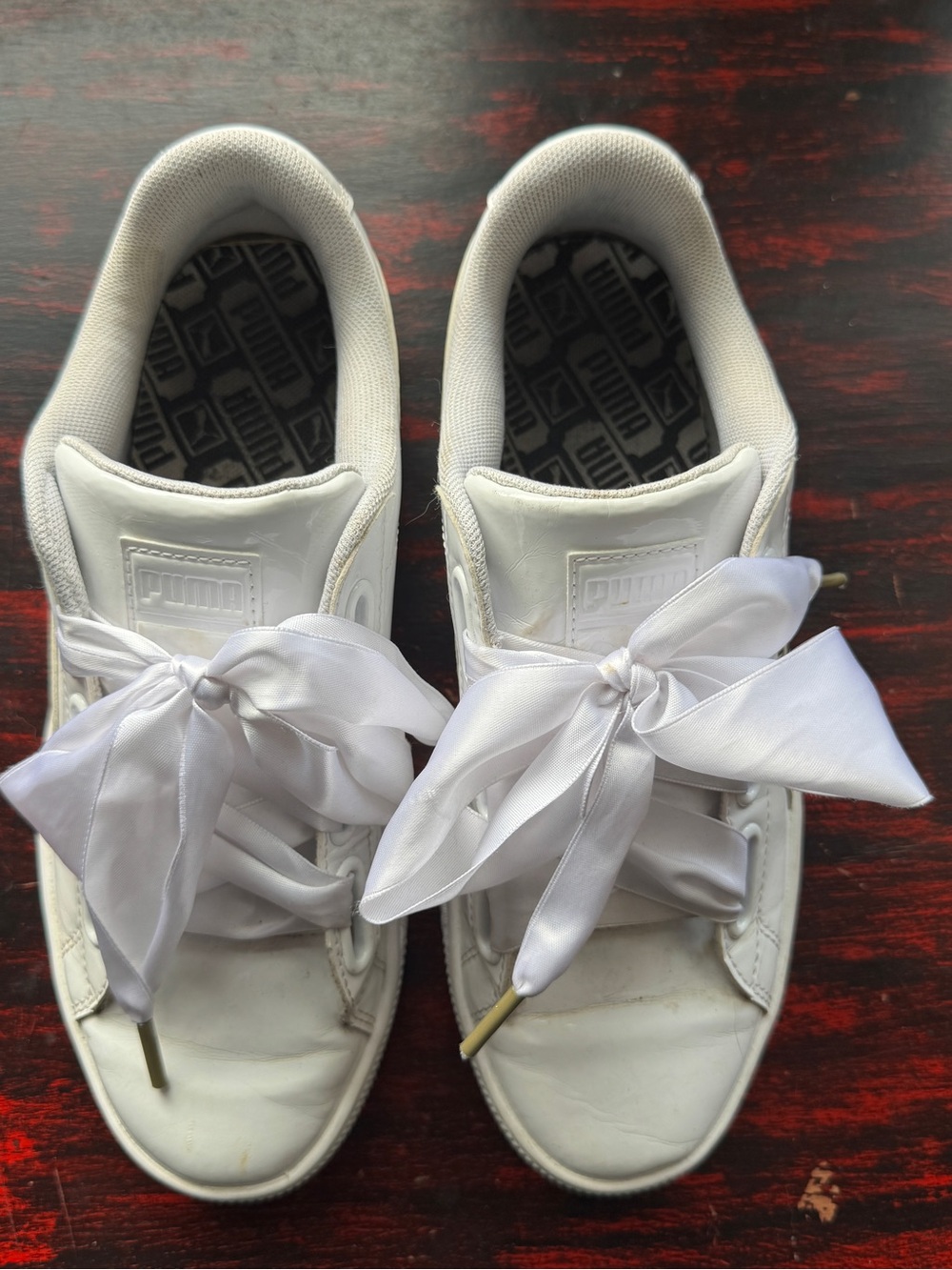 PUMA Basket White Patent Sneakers Satin Ribbon Laces Women’s 7.5 Rare